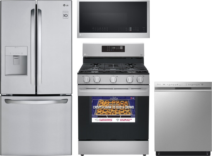 LG 4 Piece Kitchen Appliances Package with French Door Refrigerator, Gas Range, Dishwasher and Over the Range Microwave in Stainless Steel LGRERADWMW4