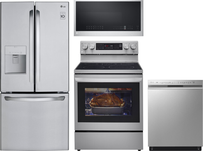 LG 4 Piece Kitchen Appliances Package with French Door Refrigerator, Electric Range, Dishwasher and Over the Range Microwave in Stainless Steel LGRERA