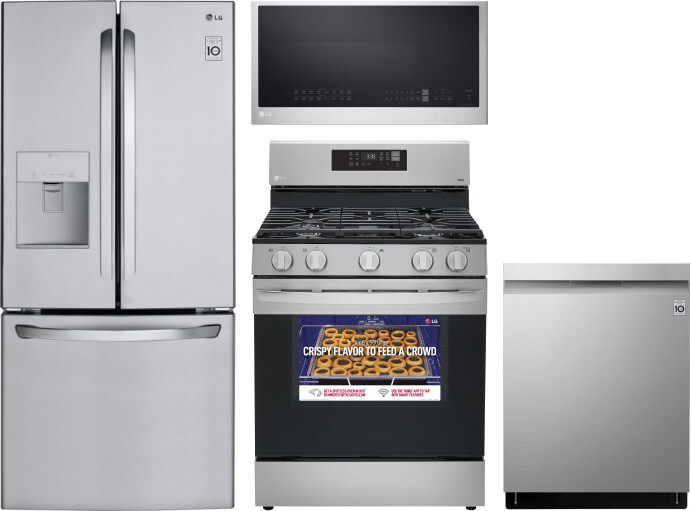 LG 4 Piece Kitchen Appliances Package with French Door Refrigerator, Gas Range, Dishwasher and Over the Range Microwave in Stainless Steel LGRERADWMW4
