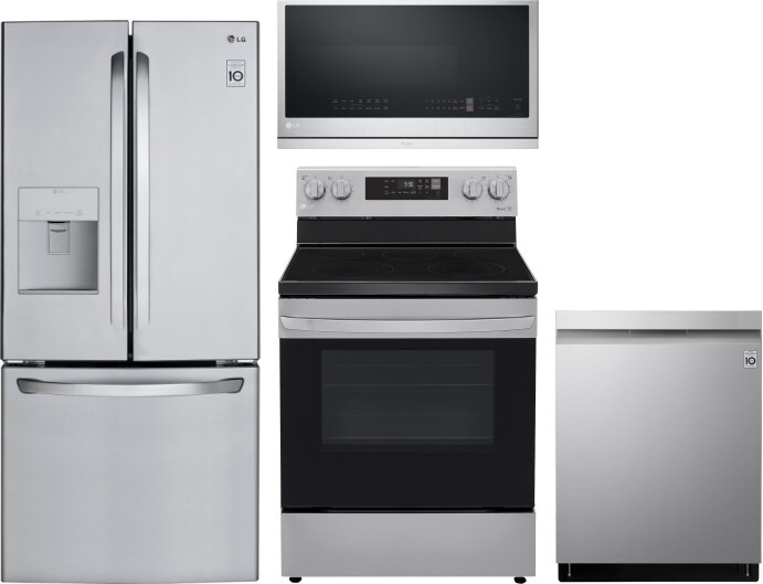 LG 4 Piece Kitchen Appliances Package with French Door Refrigerator, Electric Range, Dishwasher and Over the Range Microwave in Stainless Steel LGRERA