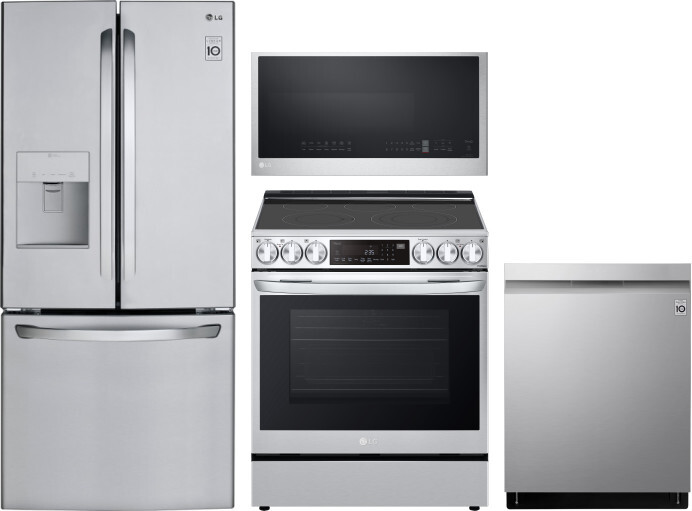 LG 4 Piece Kitchen Appliances Package with French Door Refrigerator, Electric Range, Dishwasher and Over the Range Microwave in Stainless Steel LGRERA