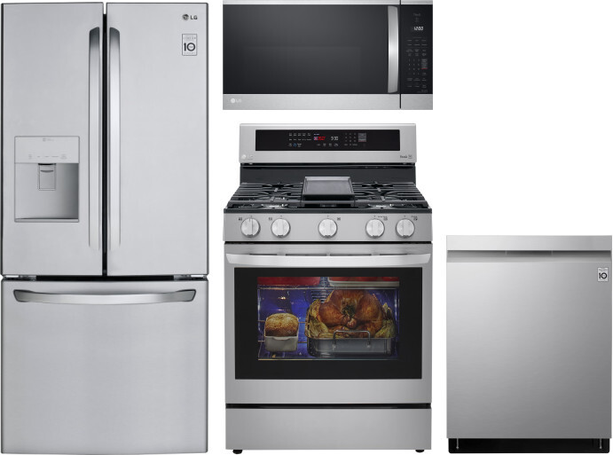 LG 4 Piece Kitchen Appliances Package with French Door Refrigerator, Gas Range, Dishwasher and Over the Range Microwave in Stainless Steel LGRERADWMW4