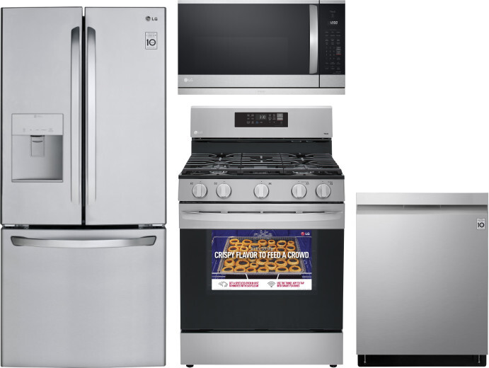 LG 4 Piece Kitchen Appliances Package with French Door Refrigerator, Gas Range, Dishwasher and Over the Range Microwave in Stainless Steel LGRERADWMW4
