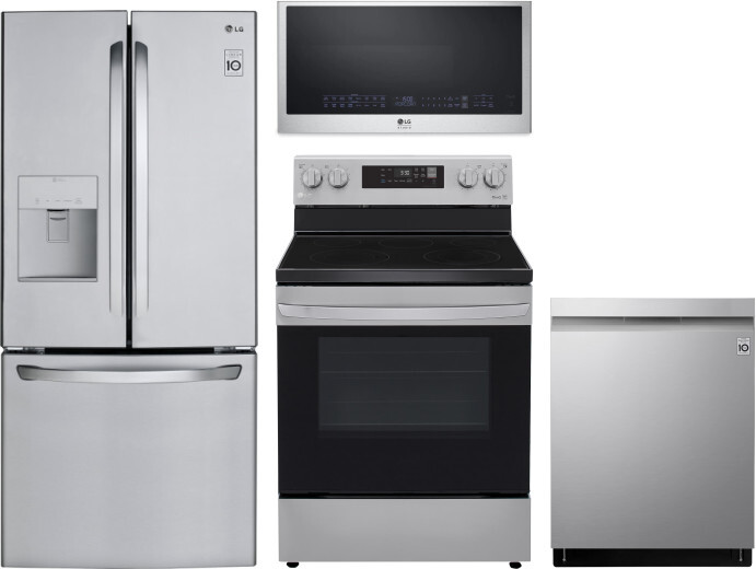 LG 4 Piece Kitchen Appliances Package with French Door Refrigerator, Electric Range, Dishwasher and Over the Range Microwave in Stainless Steel LGRERA
