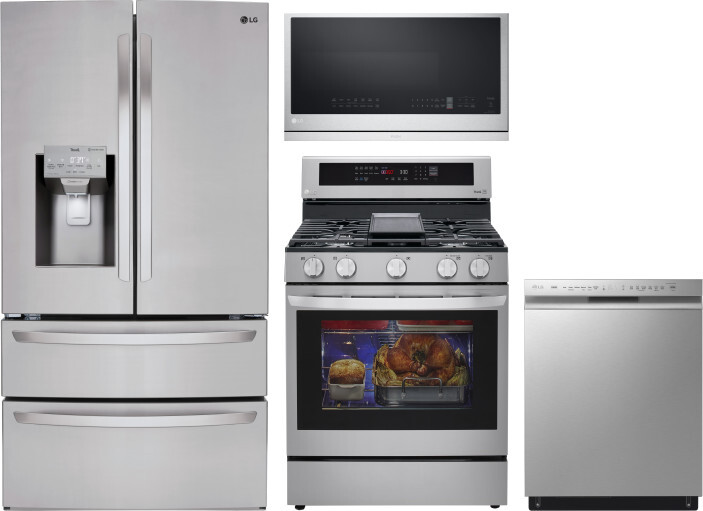 LG 4 Piece Kitchen Appliances Package with French Door Refrigerator, Gas Range, Dishwasher and Over the Range Microwave in Stainless Steel LGRERADWMW4