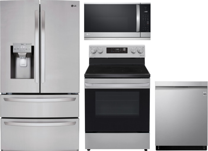 LG 4 Piece Kitchen Appliances Package with French Door Refrigerator, Electric Range, Dishwasher and Over the Range Microwave in Stainless Steel LGRERA