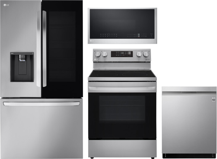LG 4 Piece Kitchen Appliances Package with French Door Refrigerator, Electric Range, Dishwasher and Over the Range Microwave in Stainless Steel LGRERA
