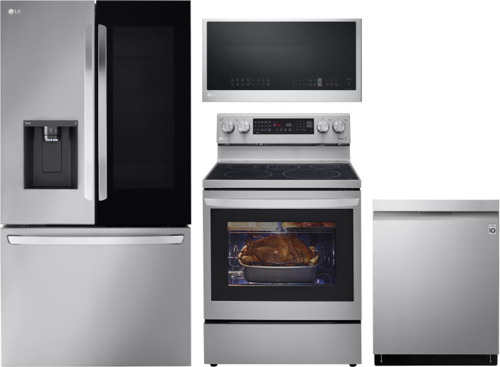 LG 4 Piece Kitchen Appliances Package with French Door Refrigerator, Electric Range, Dishwasher and Over the Range Microwave in Stainless Steel LGRERA