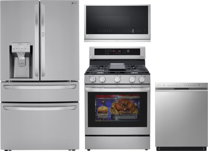 LG 4 Piece Kitchen Appliances Package with French Door Refrigerator, Gas Range, Dishwasher and Over the Range Microwave in Stainless Steel LGRERADWMW4