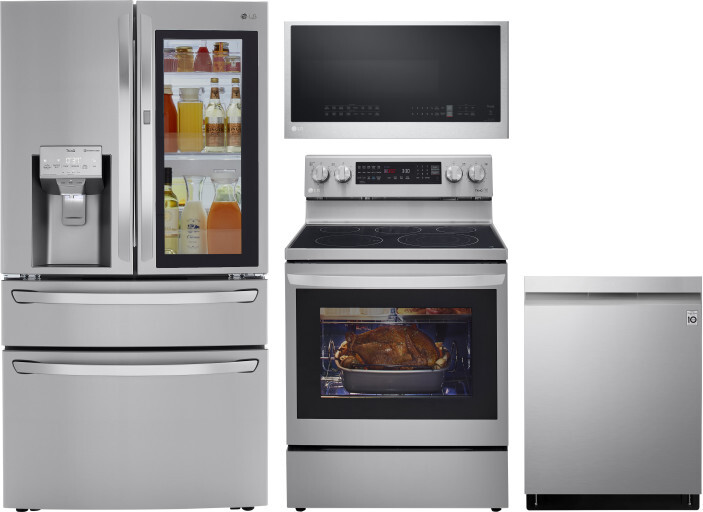 LG 4 Piece Kitchen Appliances Package with French Door Refrigerator, Electric Range, Dishwasher and Over the Range Microwave in Stainless Steel LGRERA