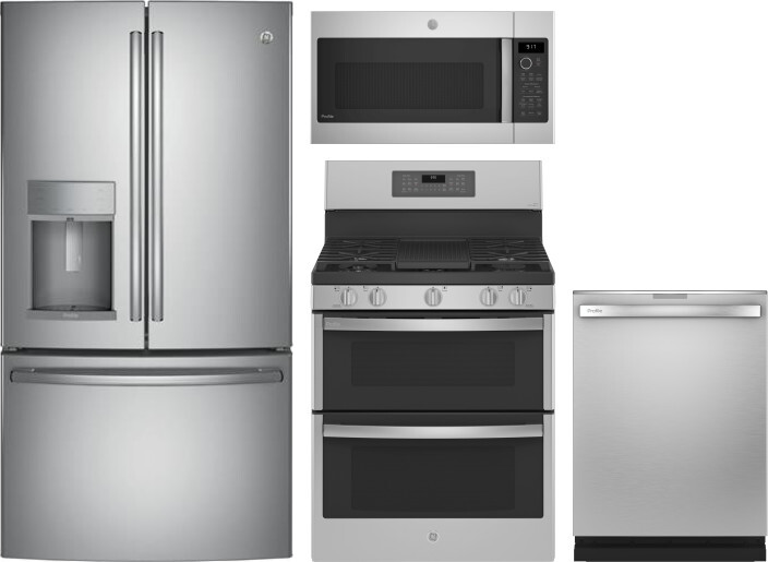GE Profile 4 Piece Kitchen Appliances Package with French Door Refrigerator, Gas Range, Dishwasher and Over the Range Microwave in Stainless Steel GER