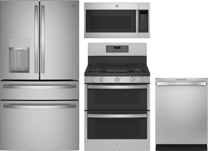 GE Profile 4 Piece Kitchen Appliances Package with French Door Refrigerator, Gas Range, Dishwasher and Over the Range Microwave in Stainless Steel GER