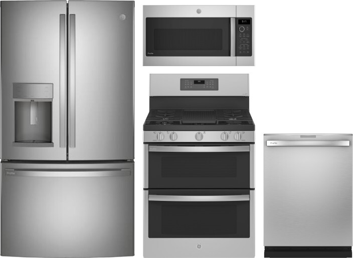 GE Profile 4 Piece Kitchen Appliances Package with French Door Refrigerator, Gas Range, Dishwasher and Over the Range Microwave in Stainless Steel GER
