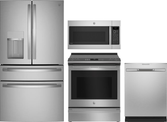 GE Profile 4 Piece Kitchen Appliances Package with French Door Refrigerator, Electric Range, Dishwasher and Over the Range Microwave in Stainless Stee