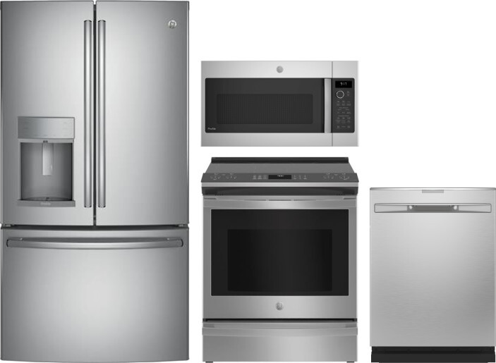 GE Profile 4 Piece Kitchen Appliances Package with French Door Refrigerator, Electric Range, Dishwasher and Over the Range Microwave in Stainless Stee