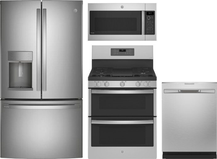 GE Profile 4 Piece Kitchen Appliances Package with French Door Refrigerator, Gas Range, Dishwasher and Over the Range Microwave in Stainless Steel GER