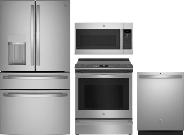 GE Profile 4 Piece Kitchen Appliances Package with French Door Refrigerator, Electric Range, Dishwasher and Over the Range Microwave in Stainless Stee