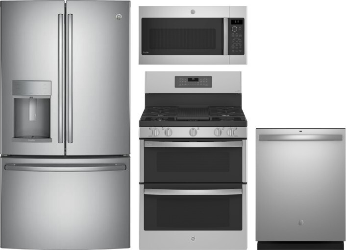 GE Profile 4 Piece Kitchen Appliances Package with French Door Refrigerator, Gas Range, Dishwasher and Over the Range Microwave in Stainless Steel GER