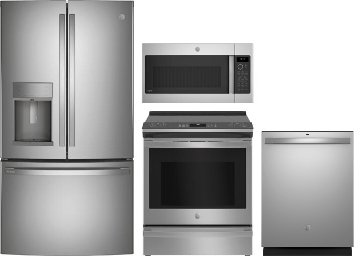 GE Profile 4 Piece Kitchen Appliances Package with French Door Refrigerator, Electric Range, Dishwasher and Over the Range Microwave in Stainless Stee