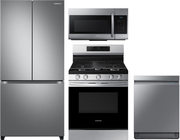 Samsung 4 Piece Kitchen Appliances Package with French Door Refrigerator, Gas Range, Dishwasher and Over the Range Microwave in Stainless Steel SARERA