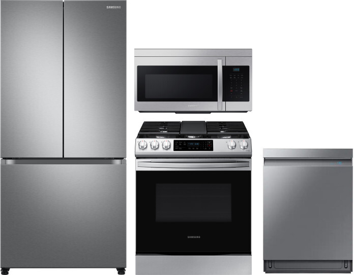 Samsung 4 Piece Kitchen Appliances Package with French Door Refrigerator, Gas Range, Dishwasher and Over the Range Microwave in Stainless Steel SARERA