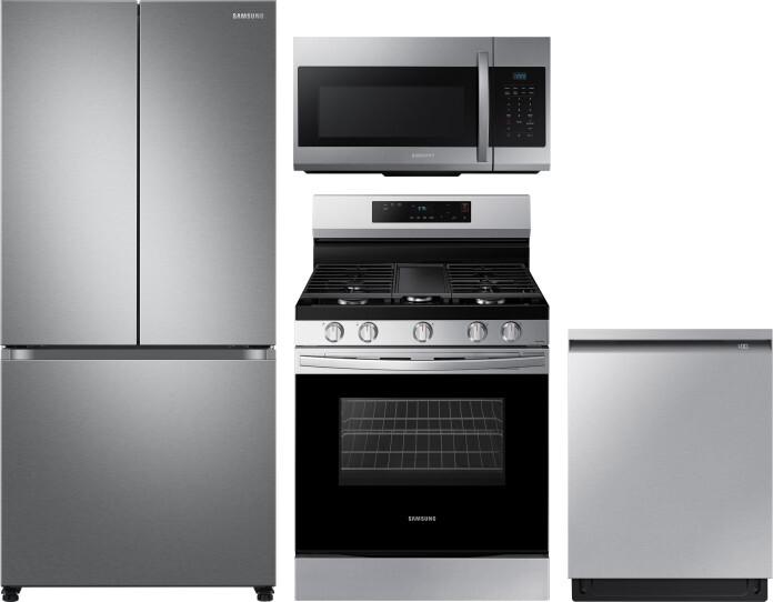 Samsung 4 Piece Kitchen Appliances Package with French Door Refrigerator, Gas Range, Dishwasher and Over the Range Microwave in Stainless Steel SARERA