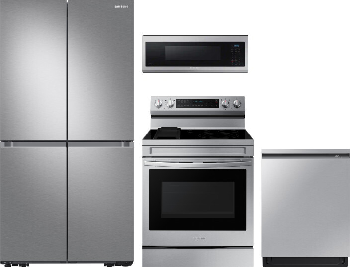 Samsung 4 Piece Kitchen Appliances Package with French Door Refrigerator, Electric Range, Dishwasher and Over the Range Microwave in Stainless Steel S