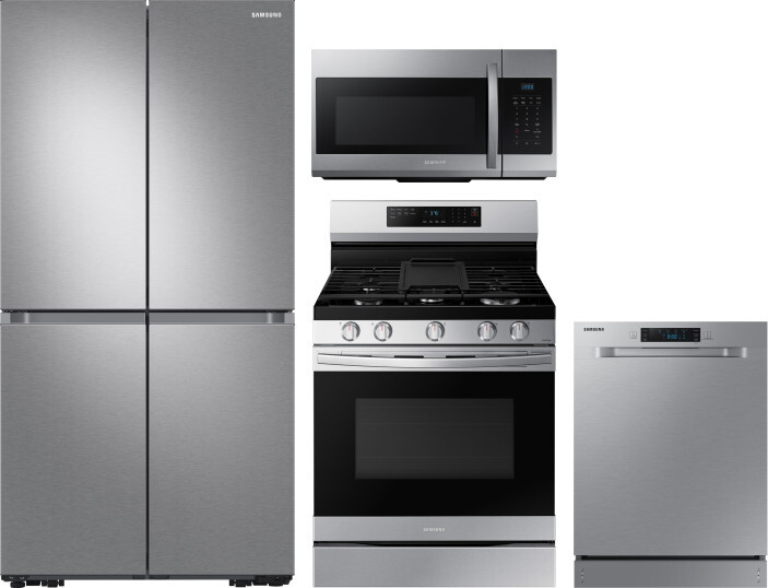 Samsung 4 Piece Kitchen Appliances Package with French Door Refrigerator, Gas Range, Dishwasher and Over the Range Microwave in Stainless Steel SARERA
