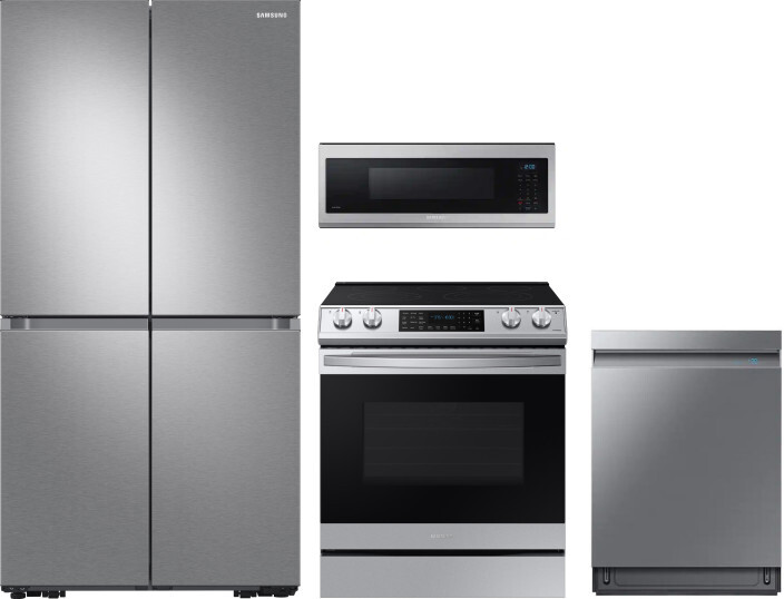 Samsung 4 Piece Kitchen Appliances Package with French Door Refrigerator, Electric Range, Dishwasher and Over the Range Microwave in Stainless Steel S