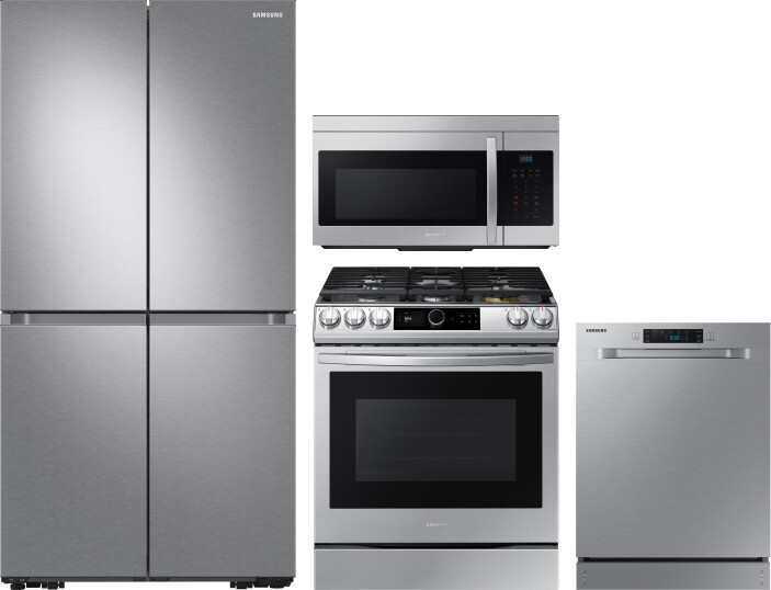 Samsung 4 Piece Kitchen Appliances Package with French Door Refrigerator, Gas Range, Dishwasher and Over the Range Microwave in Stainless Steel SARERA