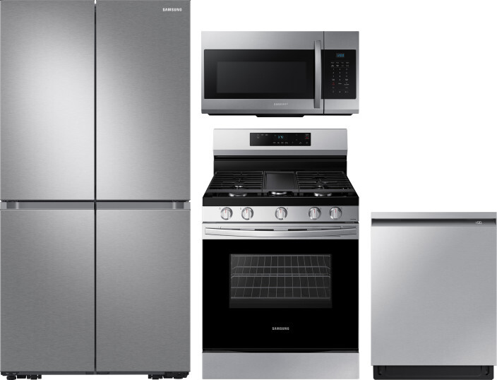 Samsung 4 Piece Kitchen Appliances Package with French Door Refrigerator, Gas Range, Dishwasher and Over the Range Microwave in Stainless Steel SARERA