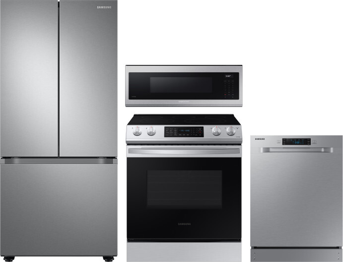 Samsung 4 Piece Kitchen Appliances Package with French Door Refrigerator, Electric Range, Dishwasher and Over the Range Microwave in Stainless Steel S
