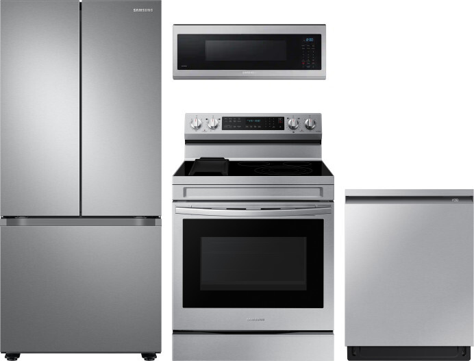 Samsung 4 Piece Kitchen Appliances Package with French Door Refrigerator, Electric Range, Dishwasher and Over the Range Microwave in Stainless Steel S