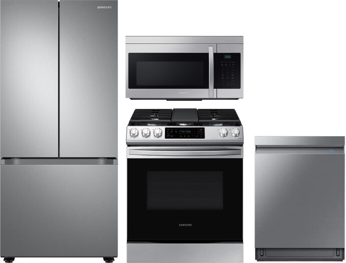 Samsung 4 Piece Kitchen Appliances Package with French Door Refrigerator, Gas Range, Dishwasher and Over the Range Microwave in Stainless Steel SARERA
