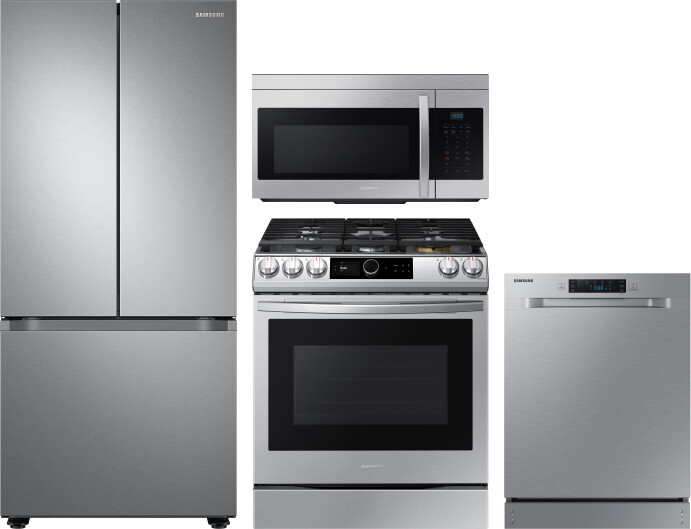 Samsung 4 Piece Kitchen Appliances Package with French Door Refrigerator, Gas Range, Dishwasher and Over the Range Microwave in Stainless Steel SARERA