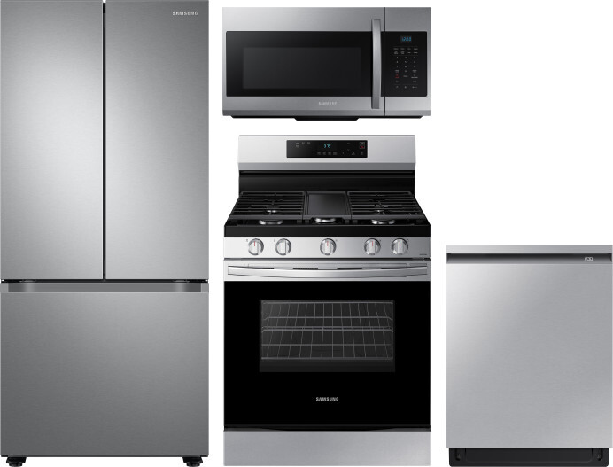 Samsung 4 Piece Kitchen Appliances Package with French Door Refrigerator, Gas Range, Dishwasher and Over the Range Microwave in Stainless Steel SARERA