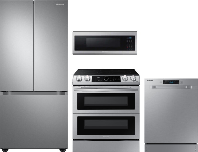 Samsung 4 Piece Kitchen Appliances Package with French Door Refrigerator, Electric Range, Dishwasher and Over the Range Microwave in Stainless Steel S