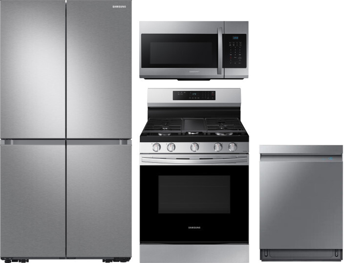 Samsung 4 Piece Kitchen Appliances Package with French Door Refrigerator, Gas Range, Dishwasher and Over the Range Microwave in Stainless Steel SARERA