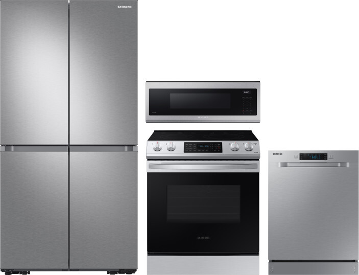 Samsung 4 Piece Kitchen Appliances Package with French Door Refrigerator, Electric Range, Dishwasher and Over the Range Microwave in Stainless Steel S