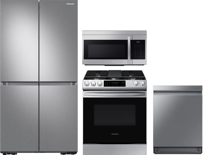 Samsung 4 Piece Kitchen Appliances Package with French Door Refrigerator, Gas Range, Dishwasher and Over the Range Microwave in Stainless Steel SARERA