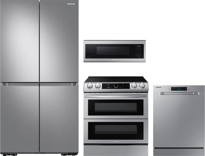 Samsung 4 Piece Kitchen Appliances Package with French Door Refrigerator, Electric Range, Dishwasher and Over the Range Microwave in Stainless Steel S