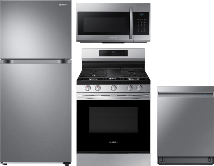 Samsung 4 Piece Kitchen Appliances Package with Top Freezer Refrigerator, Gas Range, Dishwasher and Over the Range Microwave in Stainless Steel SARERA