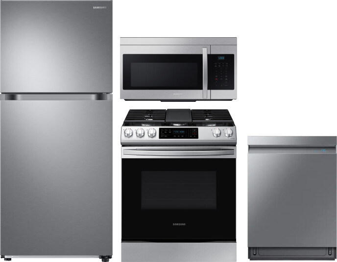 Samsung 4 Piece Kitchen Appliances Package with Top Freezer Refrigerator, Gas Range, Dishwasher and Over the Range Microwave in Stainless Steel SARERA