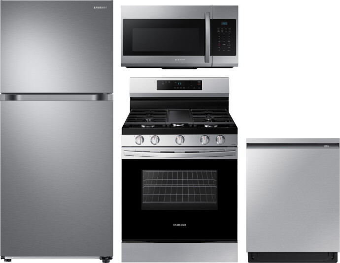 Samsung 4 Piece Kitchen Appliances Package with Top Freezer Refrigerator, Gas Range, Dishwasher and Over the Range Microwave in Stainless Steel SARERA