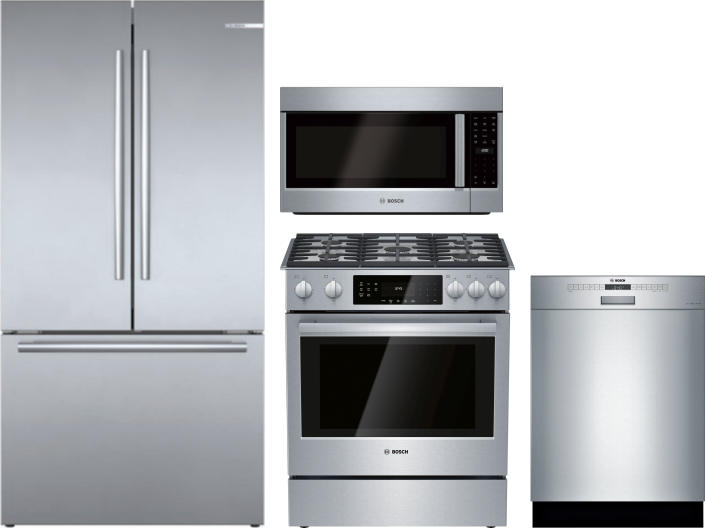 Bosch 4 Piece Kitchen Appliances Package with French Door Refrigerator, Gas Range, Dishwasher and Over the Range Microwave in Stainless Steel BORERADW