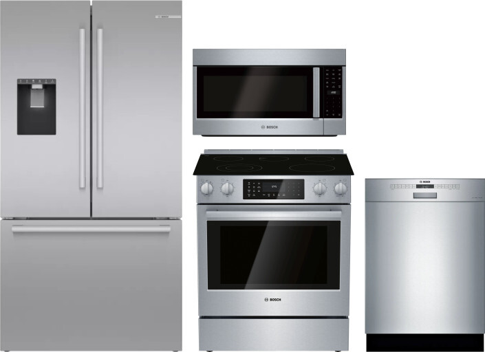 Bosch 4 Piece Kitchen Appliances Package with French Door Refrigerator, Electric Range, Dishwasher and Over the Range Microwave in Stainless Steel BOR