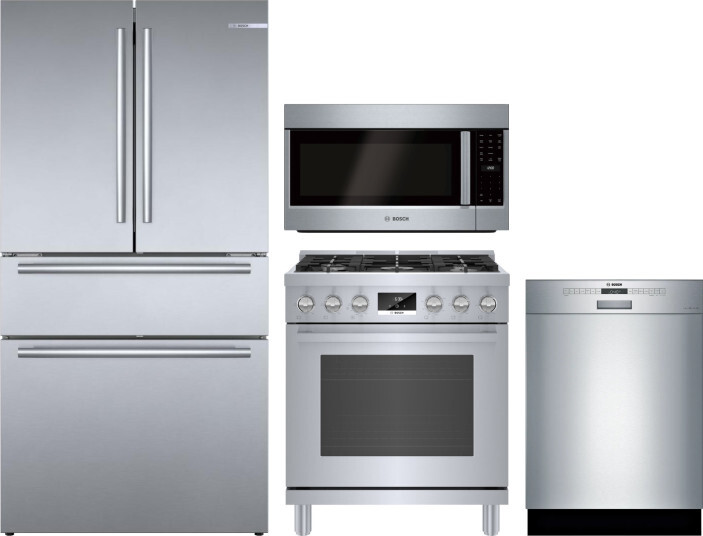 Bosch 4 Piece Kitchen Appliances Package with French Door Refrigerator, Gas Range, Dishwasher and Over the Range Microwave in Stainless Steel BORERADW