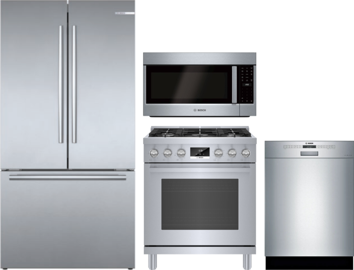 Bosch 4 Piece Kitchen Appliances Package with French Door Refrigerator, Gas Range, Dishwasher and Over the Range Microwave in Stainless Steel BORERADW