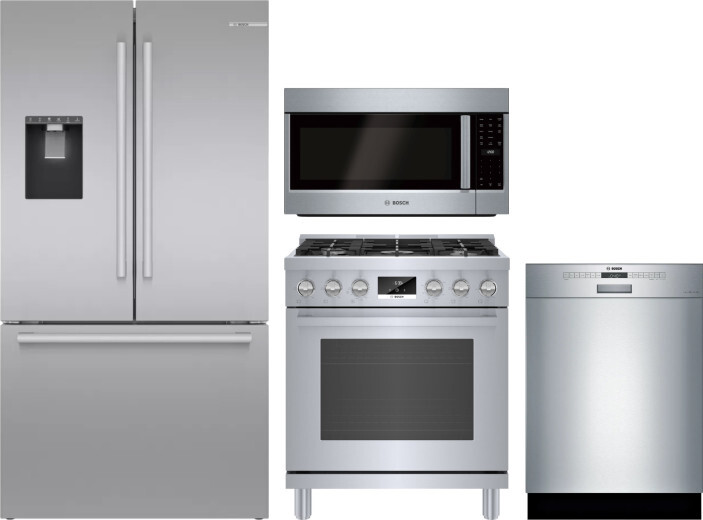 Bosch 4 Piece Kitchen Appliances Package with French Door Refrigerator, Gas Range, Dishwasher and Over the Range Microwave in Stainless Steel BORERADW