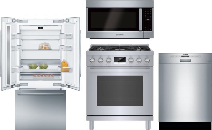 Bosch 4 Piece Kitchen Appliances Package with French Door Refrigerator, Gas Range, Dishwasher and Over the Range Microwave in Stainless Steel BORERADW